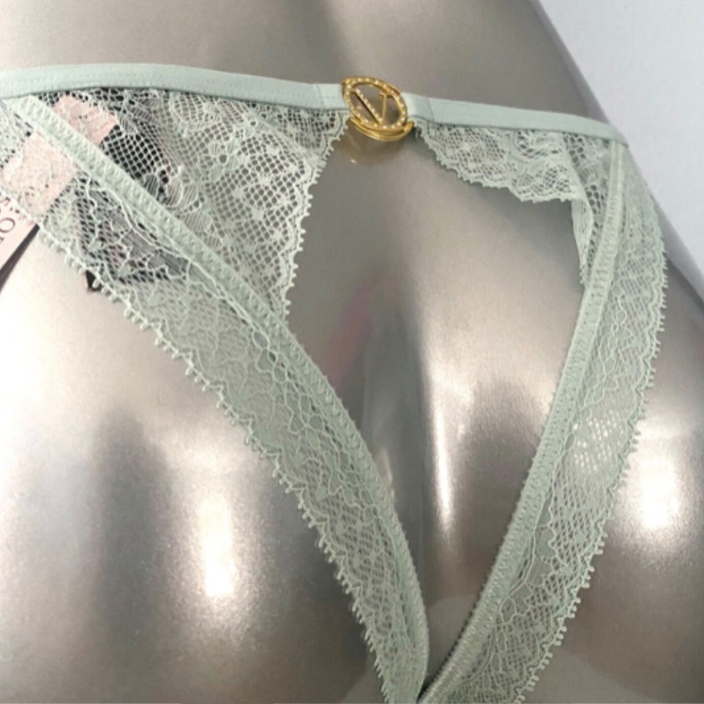 Victorias Secret Nwt Very Sexy Hazy Mint Lace Gold V Open Back String Panty